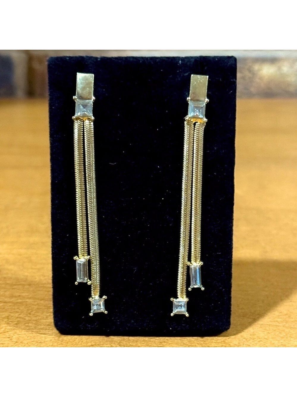 Vintage gold tone rhinestone accent double drop dangle earrings
